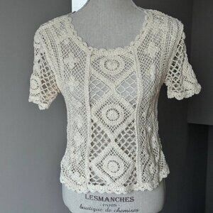 NWOT!  ZARA Boho See-through Crochet Cotton-blend Boatneck Nude Top - Size Mediu
